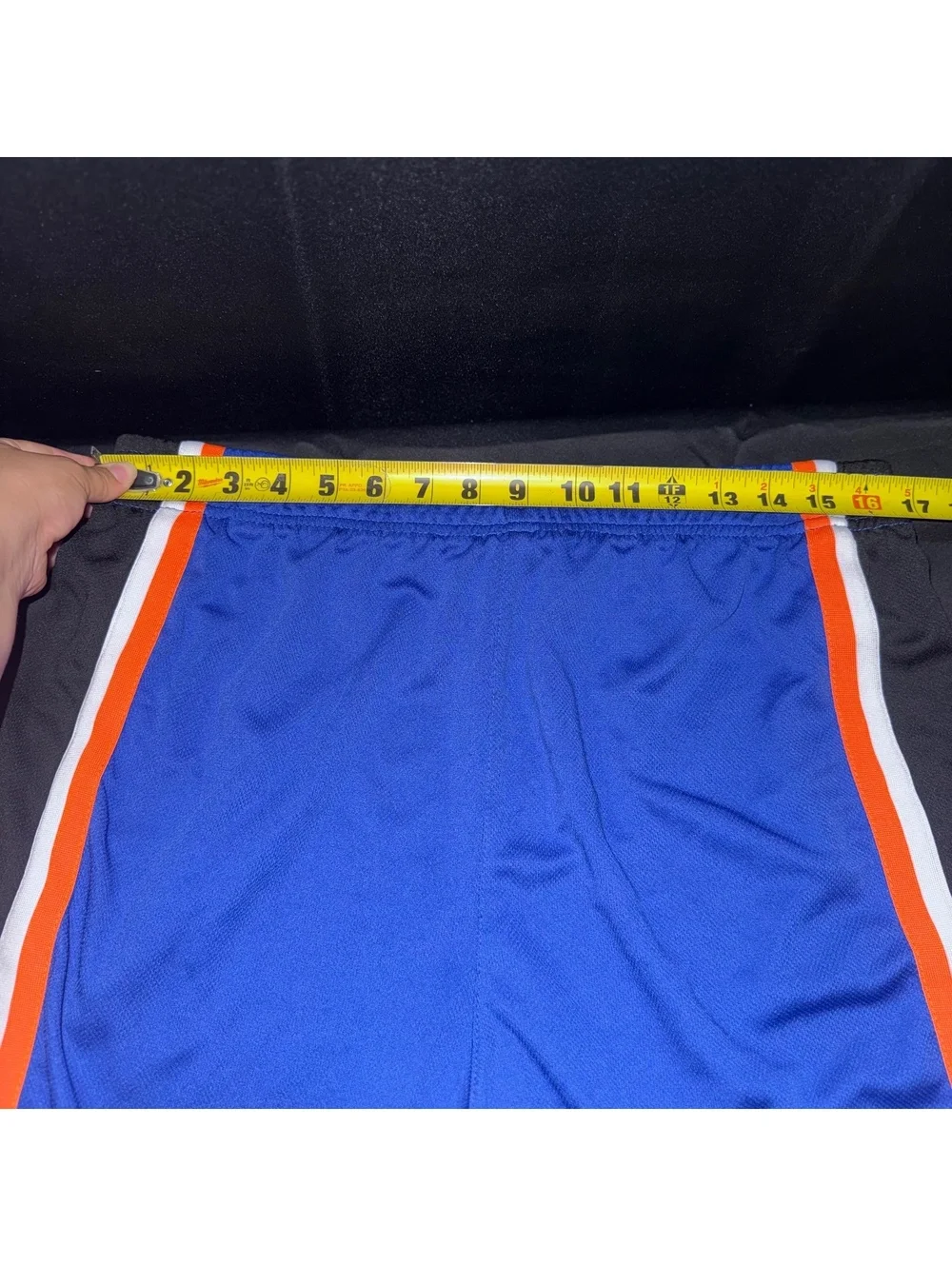 Blue Athletic Shorts with Orange and White Trim
